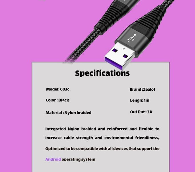 فروش نقدی و اقساطی کابل تبدیل USB به USB-C زیلوت مدل C03c طول 1متر