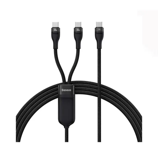 فروش نقدی واقساطی کابل شارژ یک به دو USB-C به USB-C باسئوس مدل Baseus Flash Series Ⅱ One-for-Two Fast Charging Cable Type-C to C+C 100W طول 1.5 متر