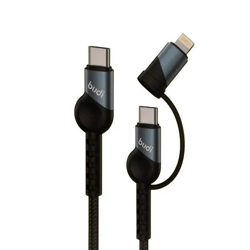 فروش نقدی واقساطی کابل شارژ کنفی USB-C به USB-C / لایتنینگ بودی مدل Budi DC231TTL10B طول 1 متر