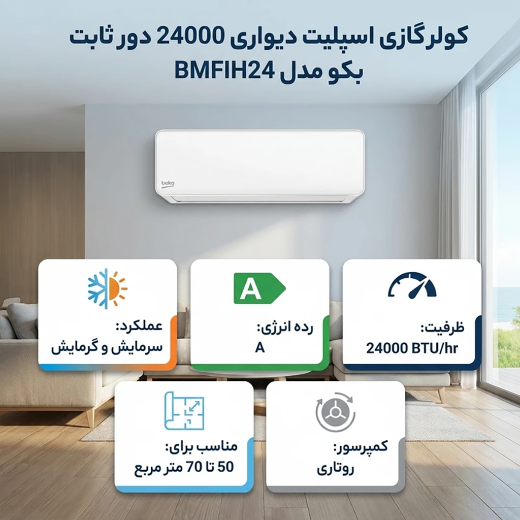 فروش نقدي و اقساطي کولر گازی اسپلیت دیواری 24000 دور ثابت بکو مدل BMFIH24