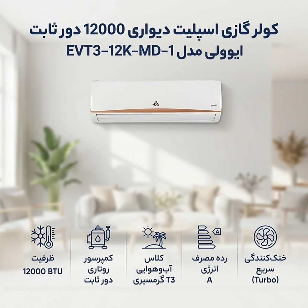کولر گازی اسپلیت دیواری 12000 دور ثابت ایوولی مدل EVT3–12K-MD-1