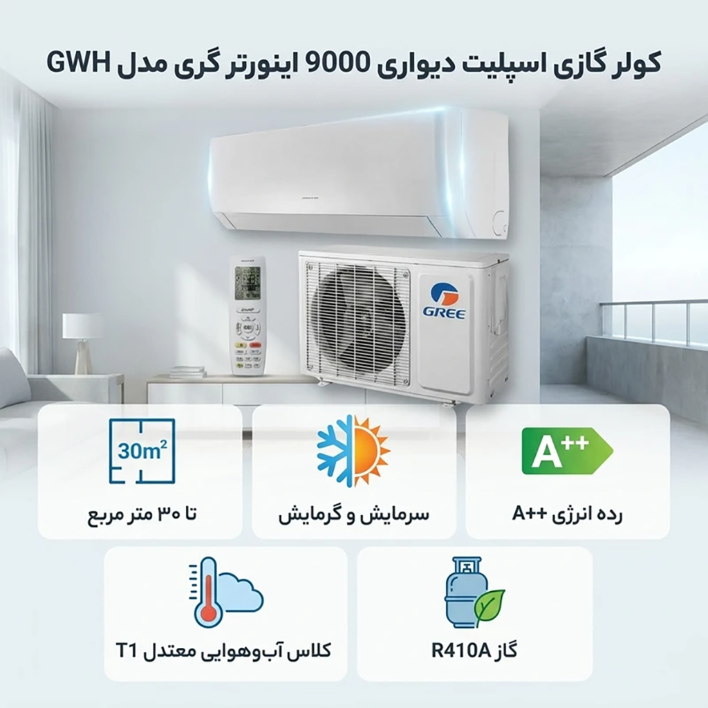 فروش نقدي و اقساطي کولر گازی اسپلیت دیواری 9000 اینورتر گری مدل GWH