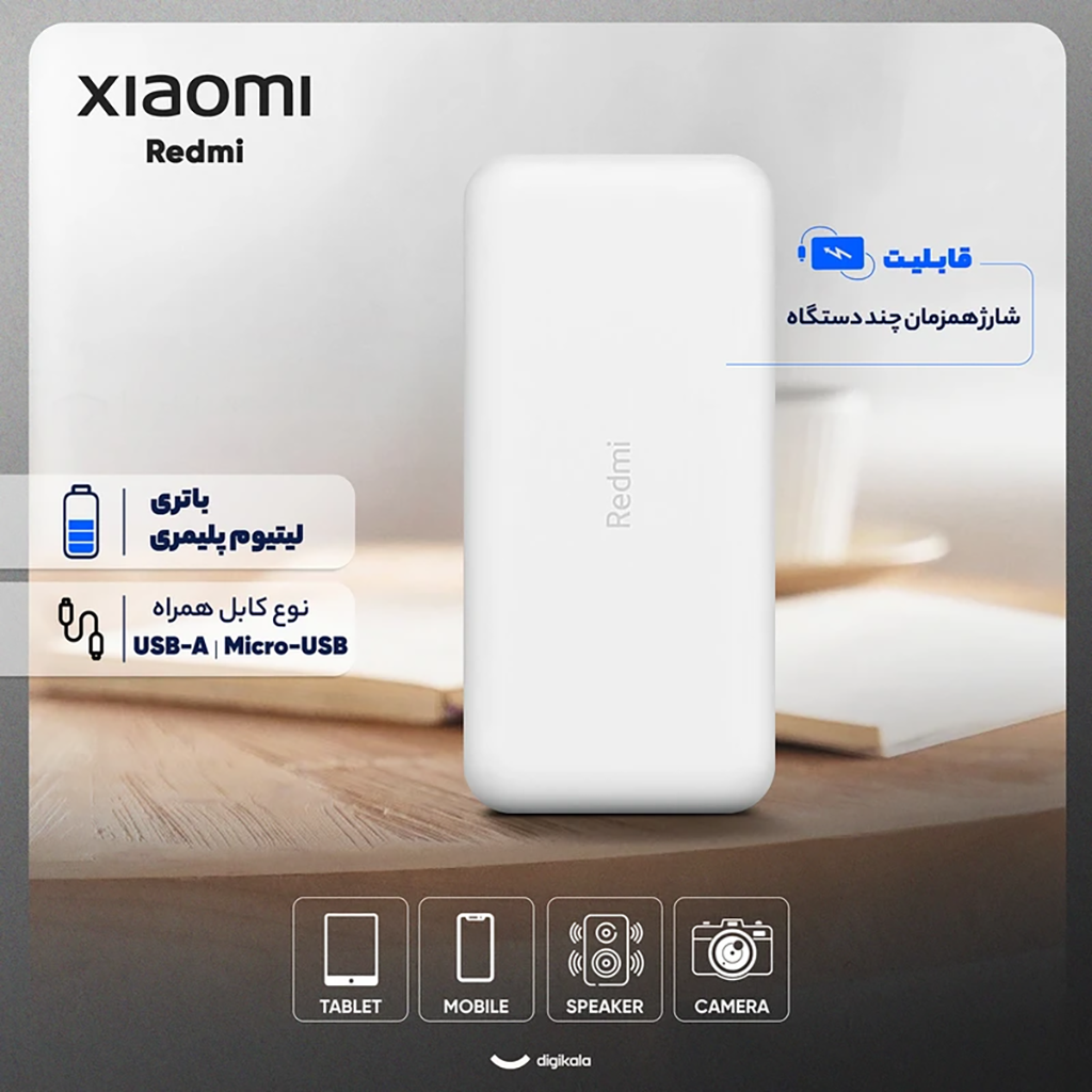 فروش نقدي و اقساطي پاوربانک 18 وات شیائومی مدل Redmi ظرفیت 20000 میلی‌آمپرساعت