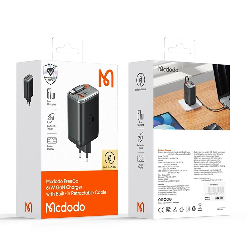 فروش نقدی و اقساطی شارژر دیواری 67 وات مک دودو مدل CH-4100 به همراه کابل متصل به بدنه USB-C
