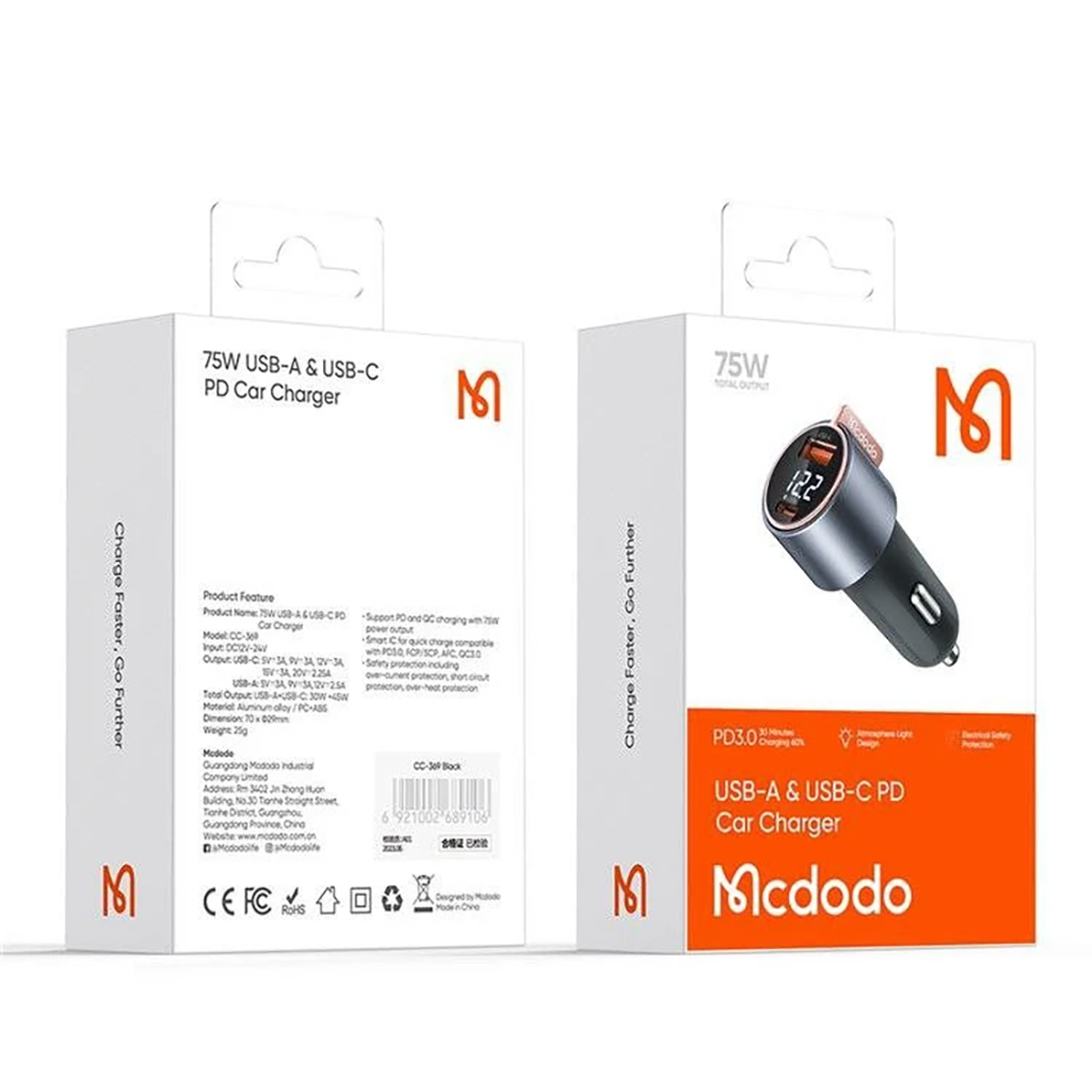 فروش نقدی و اقساطی شارژر فندکی 75وات دو پورت مک دودو مدل CC-3690