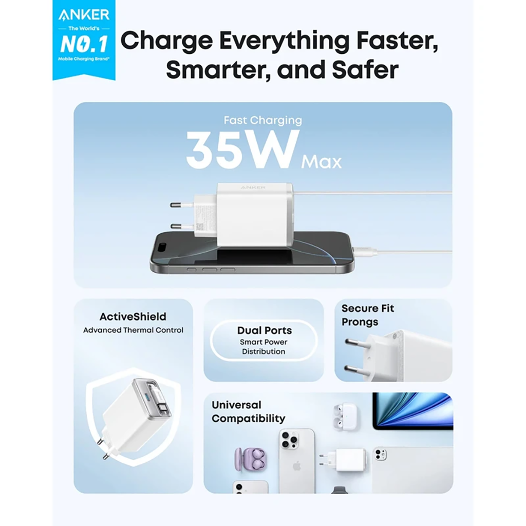 خرید شارژر دیواری 35 وات انکر مدل A2658 به همراه کابل USB-C به صورت نقد و اقساط