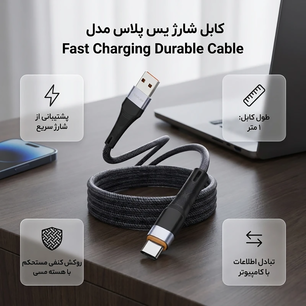 فروش نقدی و اقساطی کابل تبدیل USB به USB-C یس پلاس مدل Fast Charging Durable Cable طول 1 متر
