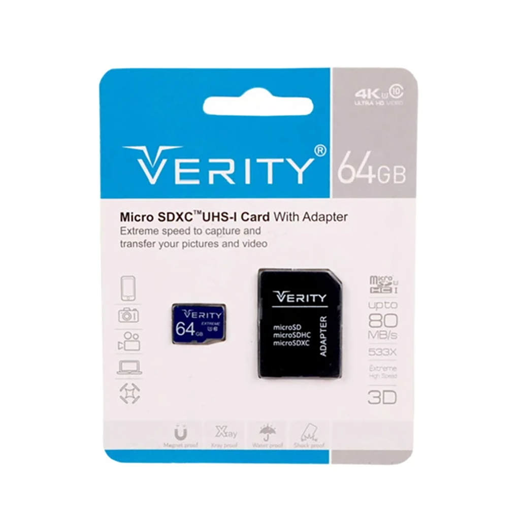 فروش نقدی و اقساطی کارت حافظه micro SDXC وریتی مدل 4K کلاس 10 استاندارد UHS-I سرعت 80MBps ظرفیت 64 گیگابایت به همراه آداپتور SD