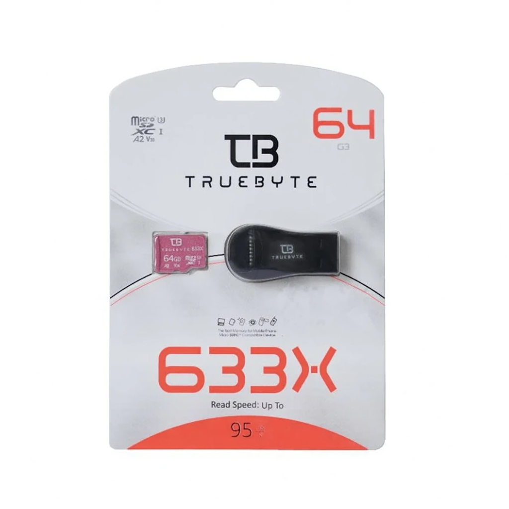فروش نقدی و اقساطی کارت حافظه microSD XC تروبایت مدل 633X-A2-V30 کلاس 10 استاندارد UHS-I U3 سرعت 95MBps ظرفیت 64 گیگابایت به همراه کارت‌خوان