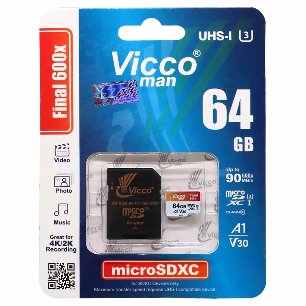 فروش نقدی و اقساطی کارت حافظه microSDXC ویکومن مدل 600x plus کلاس 10 استاندارد UHS-I U3 A1 V30 سرعت 90MBs ظرفیت 64 گیگابایت