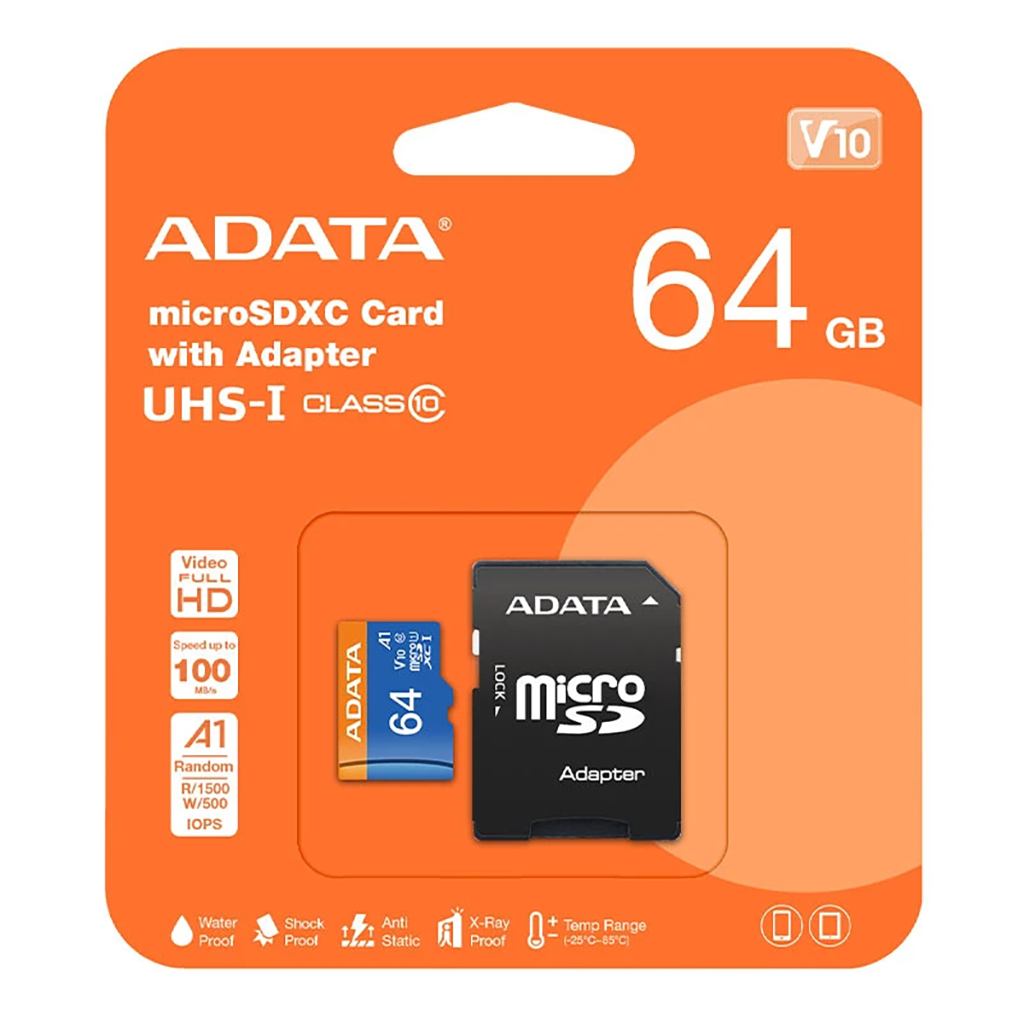 فروش نقدی و اقساطی کارت حافظه microSDXC ای دیتا مدل Premier کلاس 10 استاندارد UHS-I V10 A1سرعت 100MBps ظرفیت 64 گیگابایت به همراه آداپتور