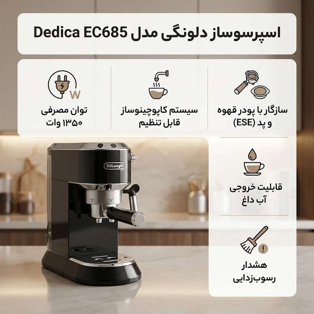 فروش نقدي و اقساطی اسپرسوساز دلونگی مدل Dedica EC685